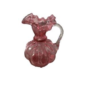 Vintage Fenton Art Glass Cranberry Double Crimped Rim Pitcher Bubble Handle Pink